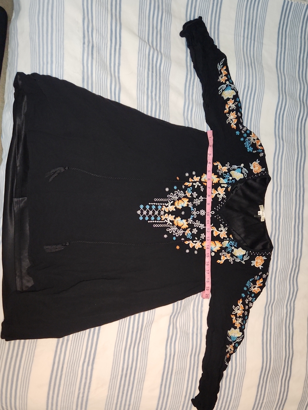 Andree Black Satin Top with Multicolor Floral Embroidery